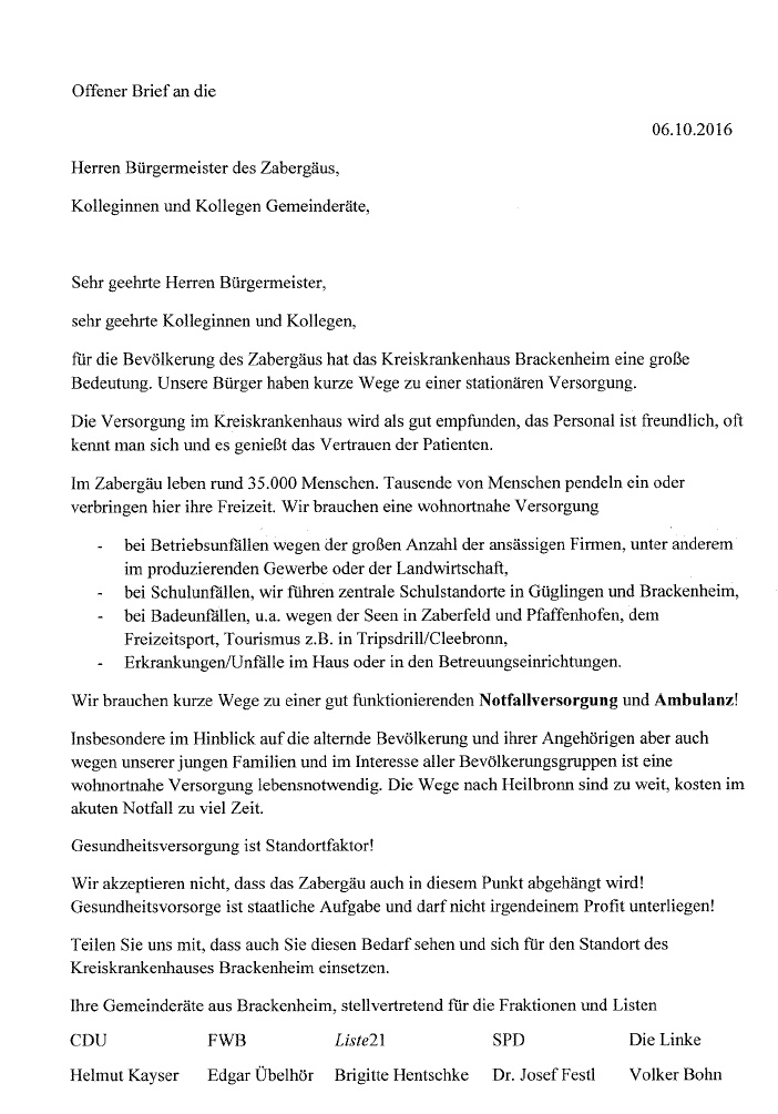 Offener Brief z. Kreiskrankenhaus Brackenheim